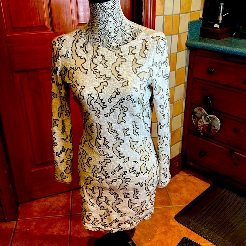 Zara small ivory sequin mini dress open back. Length 32” shoulder to bottom